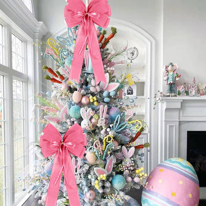 2 Pcs Large Pink Easter Wreath Bows Decor,Spring Tree Topper Bow Decorations with Pink Burlap and Glitter String for Chridtmas Tree Holiday Home Front Door Outdoor
