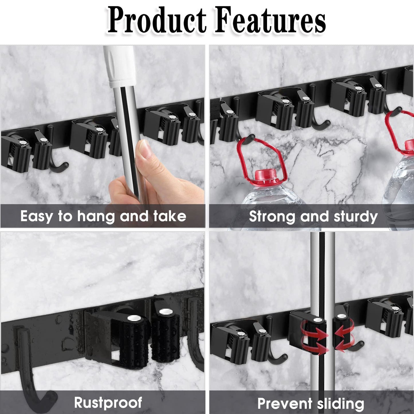 AceMining 5 Racks and 4 Hooks Mop and Broom Holder Wall Mount, Broom Organizer Storage Tool Racks Stainless Steel Heavy Duty Hooks Self Adhesive Solid Non-slip for Home Kitchen Garden Laundry Garage