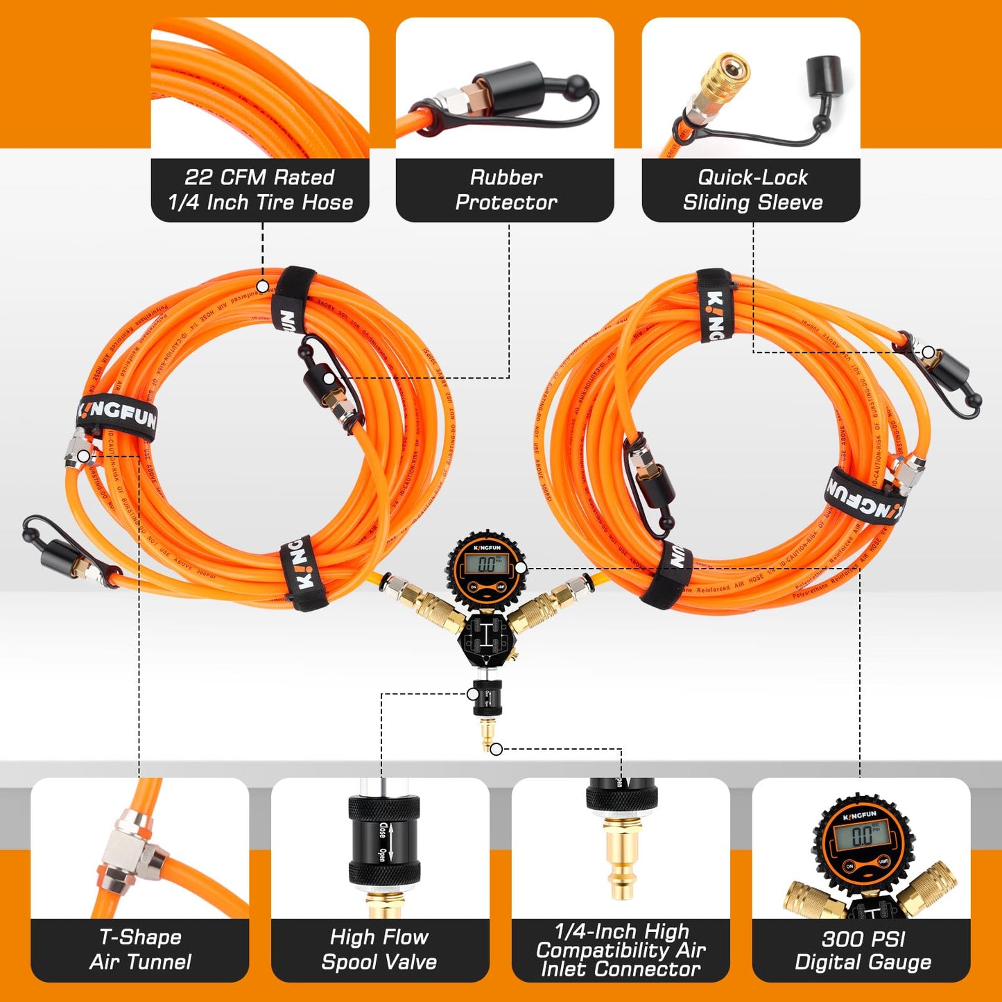 Kingfun 4 Tire Inflation & Deflation System, Rapid High Flow 4 Way Tire Inflator Hose Kit with Digital Pressure Gauge, Fits Up to 220" Wheelbase for Off-Road, Jeep, Truck, SUV