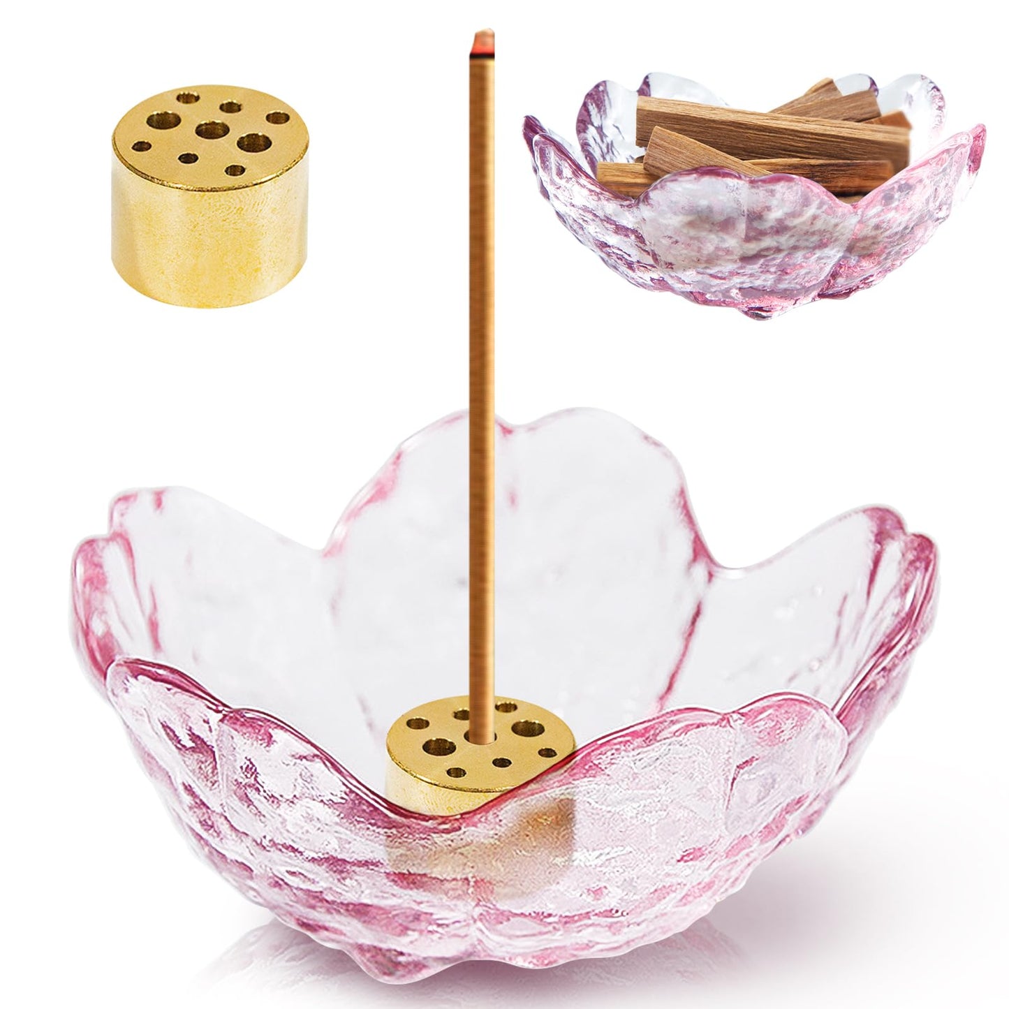Incense Holder for Sticks, Glass Backflow Incense Burner with 9 Stick Holes, Handmade Cherry Blossom Incense Holder with Ash Catcher for Meditation, Yoga, Home Decor (NO with Gilt-Edged)