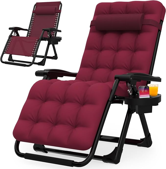 Suteck Zero Gravity Chair, Reclining Camping Lounge Chair w/Removable Cushion, Upgraded Lock and Cup Holder, Reclining Patio Chairs Folding Recliner for Indoor and Outdoor, Claret