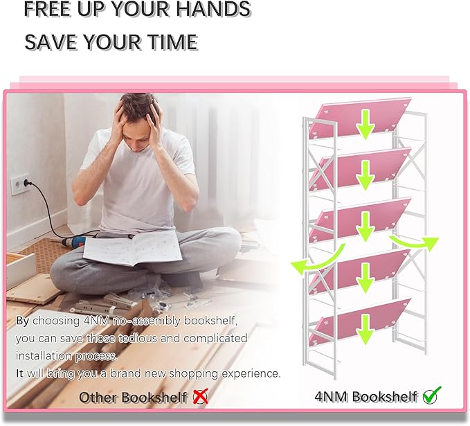4NM 5 Tiers No Assembly Book Shelves, 51.2" H Folding Bookshelf Bookcase Open