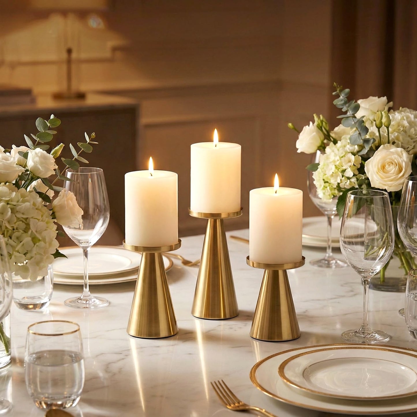 Gold Iron Plate Candle Holder Set of 3-4 & 4.7 & 6.4 Inch Tall, Decorative Iron Pillar Candle Plate, Elegant Candle Stand for LED & Wax Candles, Incense Cones, Spa, Weddings (Candles Not Including)