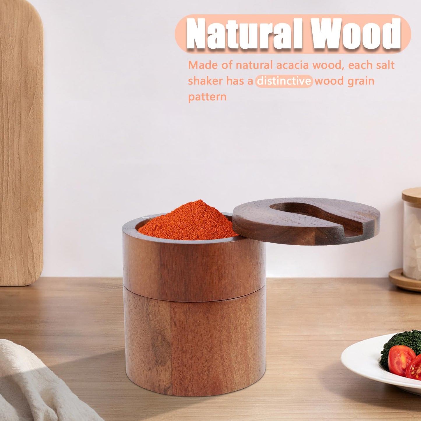 FALESOUL Acacia Wood Salt and Pepper Bowl, 2 Tier Bamboo Kitchen Salt and Pepper Storage Box with Magnetic Swivel Lids, Nature Wood Salt Cellar and Spices Storage Box for Seasonings Spices Pepper