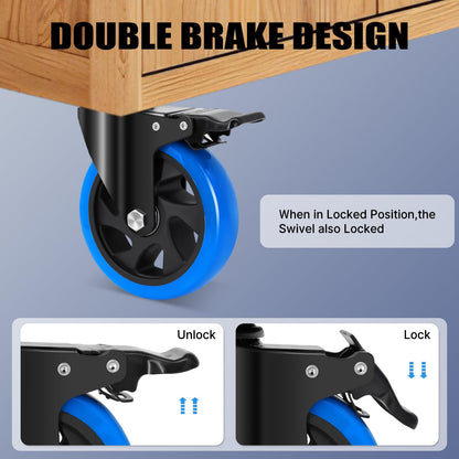 Humagineer 5 Inch Casters Wheel Set of 4, 2200 Lbs Heavy Duty Casters, Safety Locking Industrial Casters with Brake, No Noise Plate Wheels for Cart, Workbench, Furniture (Free Hardware Kits)