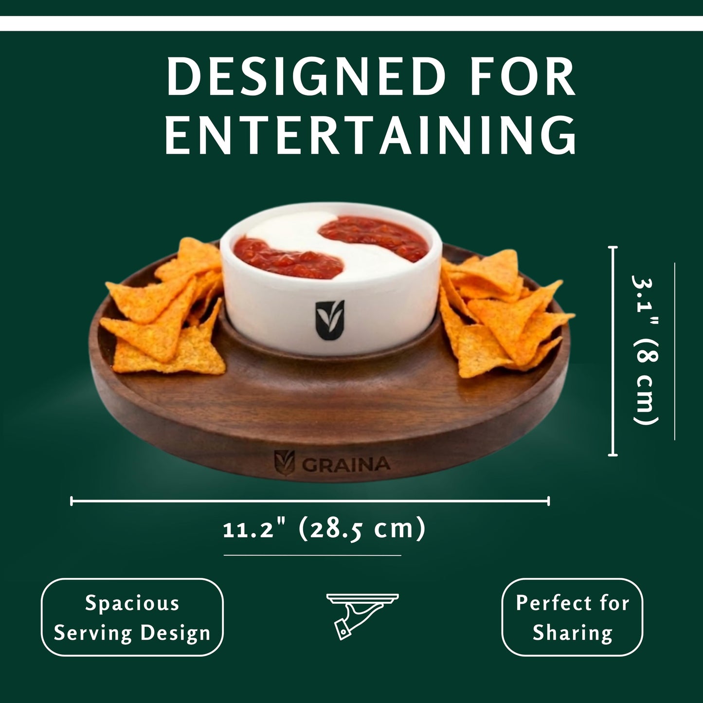 Graina Premium Wooden Chip and Dip Serving Tray Set – Dark Walnut Large Serving Tray with Ceramic Dip Bowl & 2 Wooden Spoons – Chip and Dip Bowl Set for Chips, Snack & Entertaining | Appetizer Platter