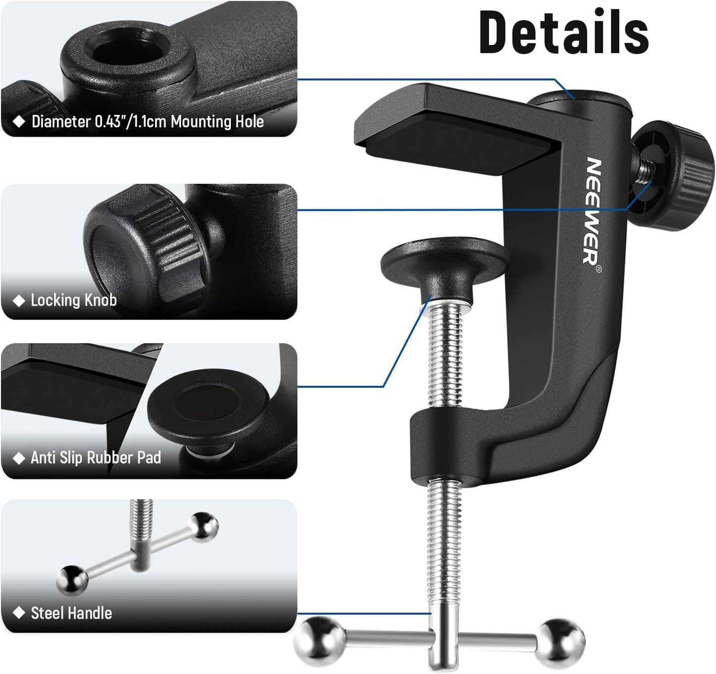 NEEWER Metal Table Mounting Clamp for Microphone Suspension Boom Scissor Arm Stand Holder with an Adjustable Positioning Screw, Fits up to 1.9inch/5centimeters Desktop Thickness (Black)