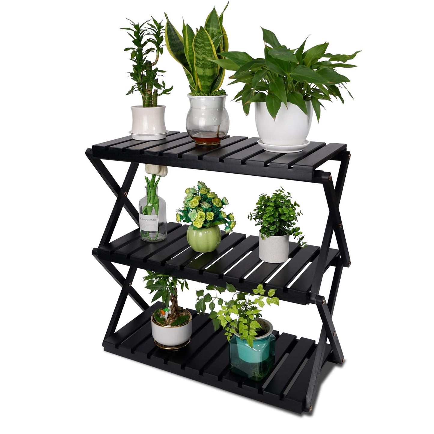 BEEFURNI Acacia Plant Stand Indoor, Wooden Outdoor Plant Stand, Foldable Plant Stand, 3 Tier Conner Space Flower Stand, Plant Ladder Stand (Black)