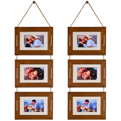DLQuarts 5x7 Hanging Picture Frames Collage Wall Decor, 3 Opening 5x7 Matted to 3.5x5 Photo Rustic Wood Frame, Dark Walnut, 2 Pack