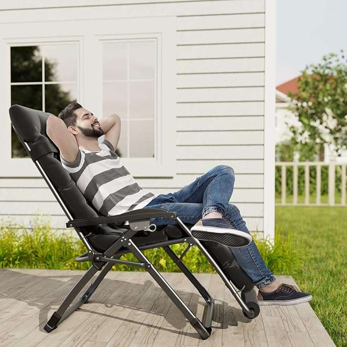 UDPATIO Oversized Zero Gravity Chair 29In XL Patio Reclining Chair with Cushion, Outdoor Folding Recliner with Pillows|Cup Holder|Foot Rest|Padded Headrest, Black, Support 500LB