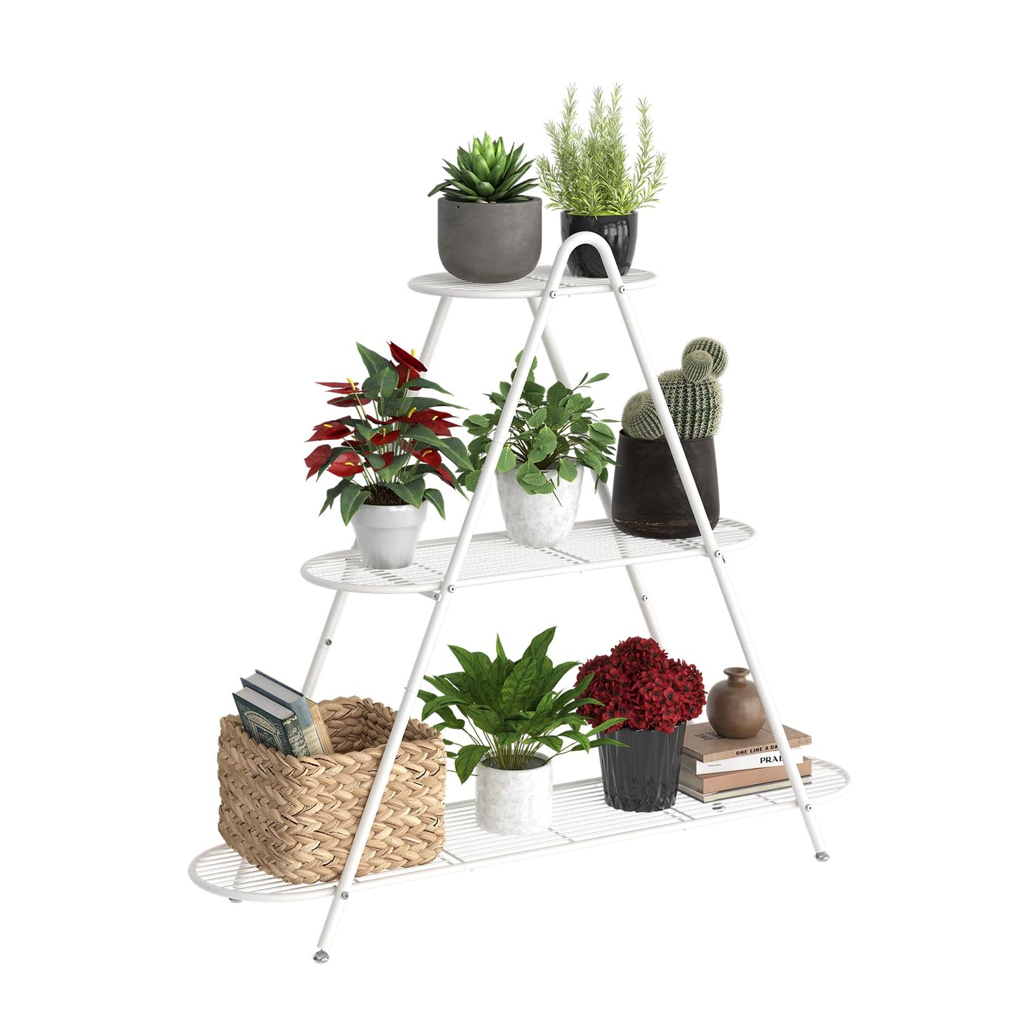 Furshus Plant Stand for Patio, 3-Tier Metal Plant Shelf–Indoor/Outdoor Display Rack for Multiple Pots, Heavy Duty Plants, Garden Flower Organizer (White)