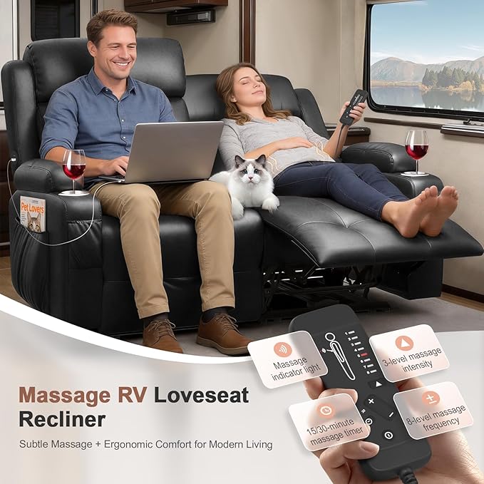 Power Loveseat Recliner with 2-Point Graphene Heat & Massage, Under-Seat