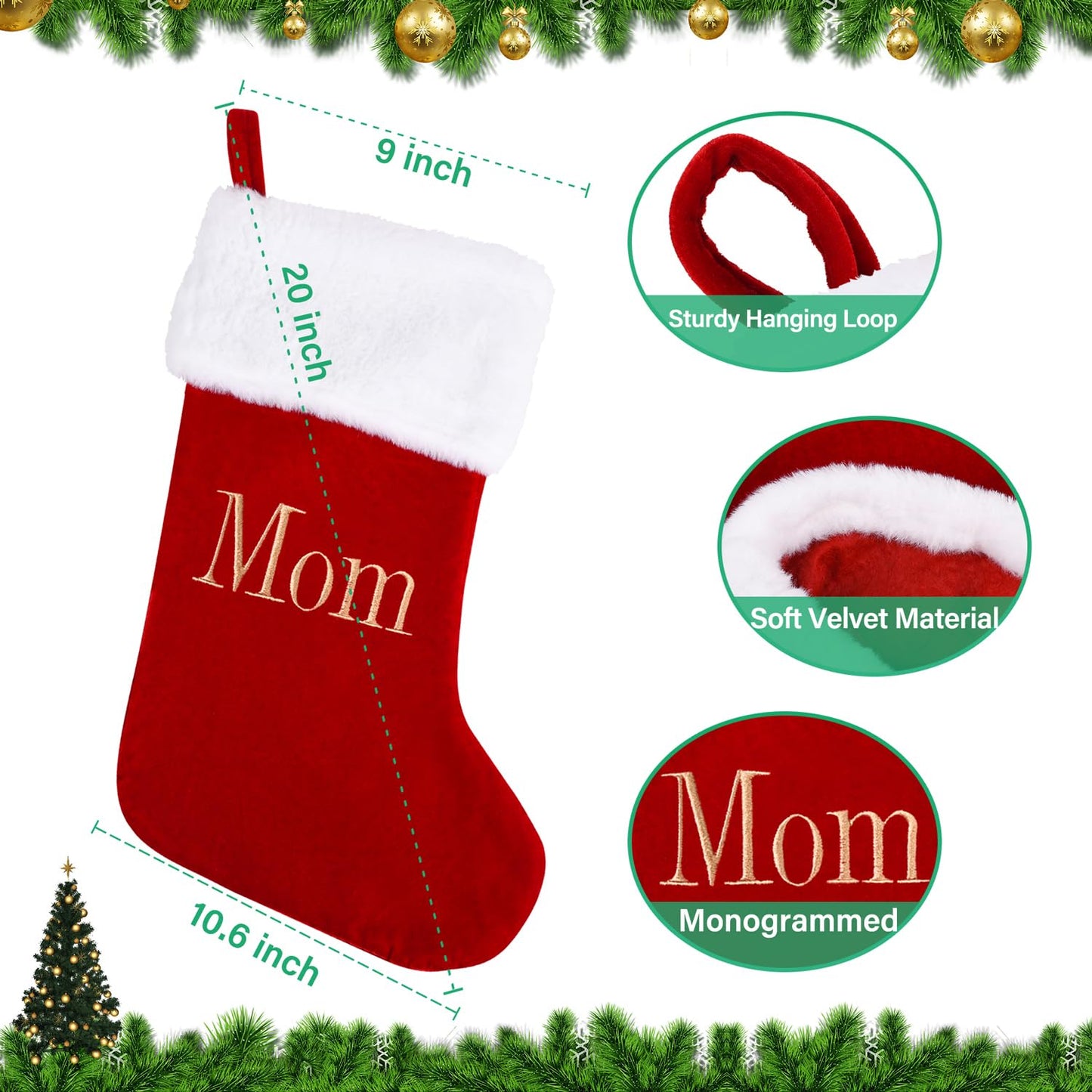20 Inches Monogram Christmas Stockings with Mom Letters, Large Super Soft Christmas Stockings Red Velvet with White Super Soft Plush Cuff for Christmas Xmas Tree Holiday Fireplace