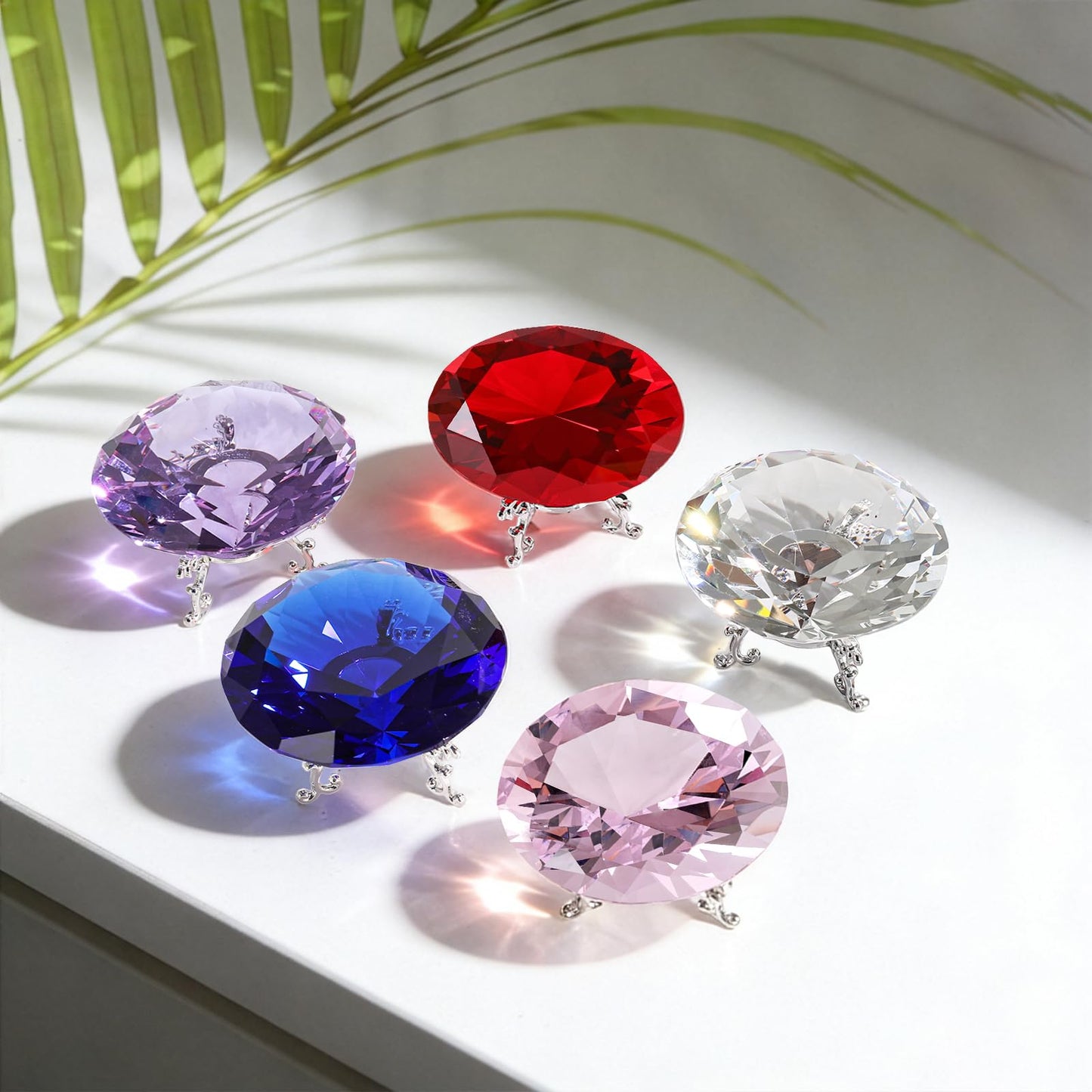 MysticGlitz Purple Crystal Diamond Centerpiece, 3.15 Inch Large Fake Diamond Prism with Silver Base for Wedding Table Decor Home Decoration Glass Jewel Rainbow Effect