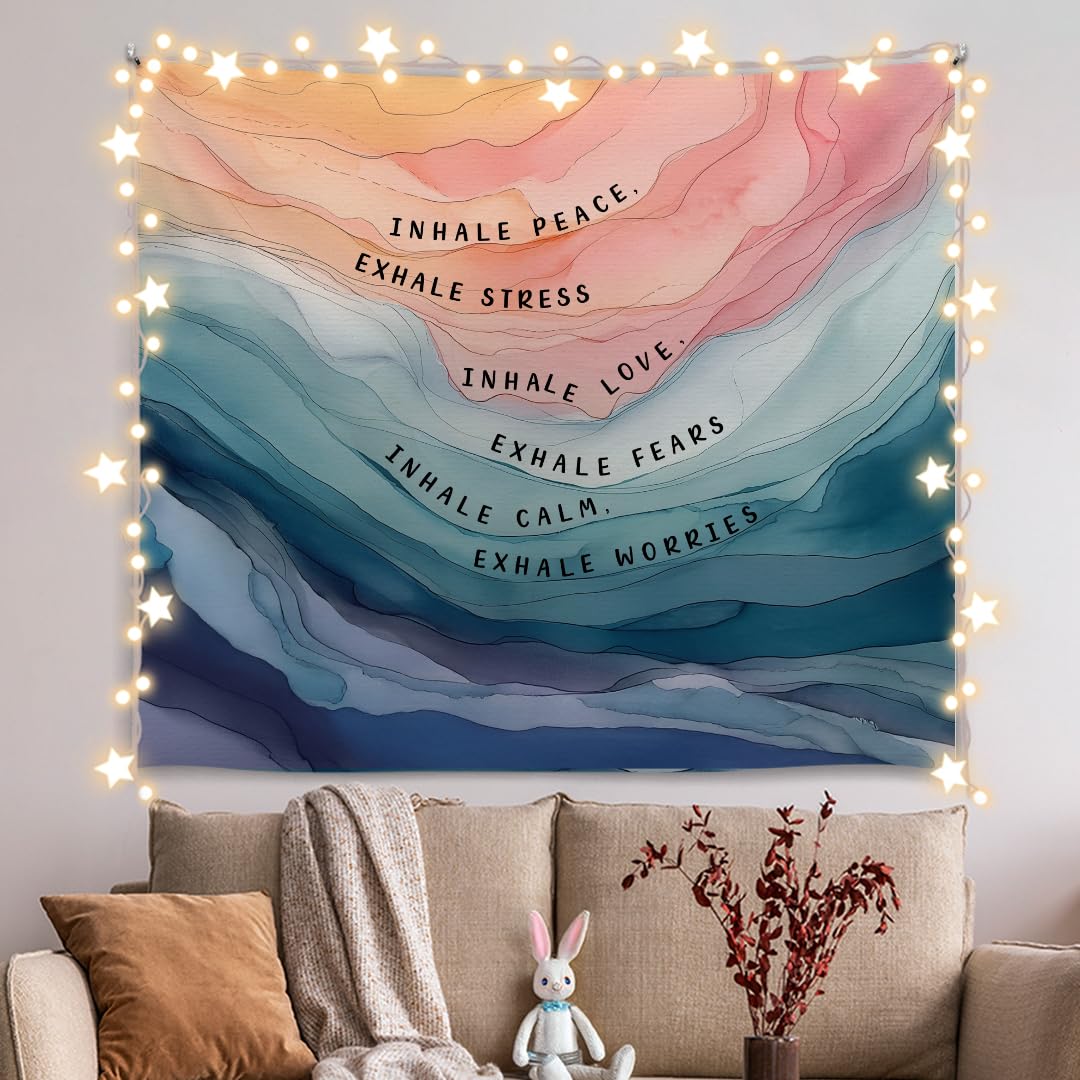 Forola Inhale Exhale Tapestry, Mental Health Wall Hanging Decor, Inhale Exhale Psychology and Mindfulness Tapestry Backdrop for Bedroom, Home School, Dorm, Yoga Studio and Therapy Office (Blue-Peace)