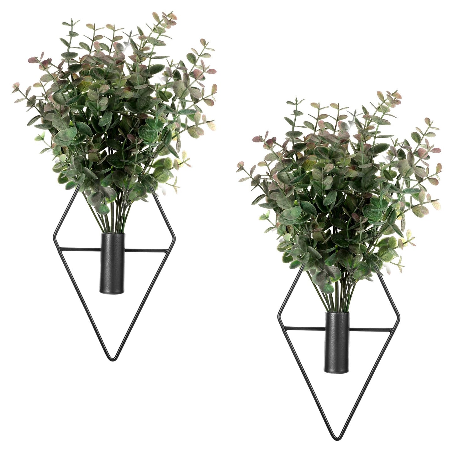 2 Pcs Hallway Decor Hanging Planters, Artificial Eucalyptus Wall Plants with Modern Geometric Design, Black Boho Wall Decor for Indoor Spaces, Stylish Home Accent for Living Room, Hallway & Bedroom