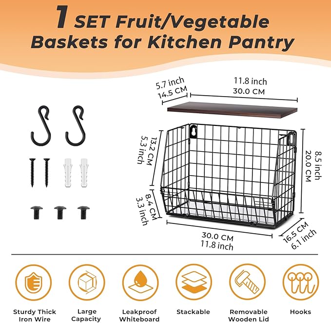 Fruit Bowl for Kitchen Counter Stackable Wall Mounted Hanging Basket Wire Basket