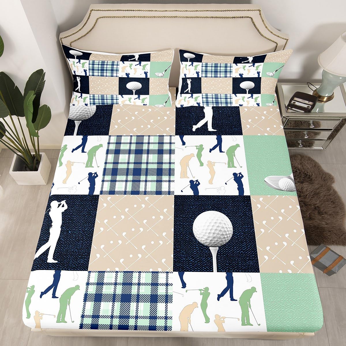 Castle Fairy Golf Plaid Bed Sheet Set for Boys Girls,Ball Sports Lover Style Bed Sheet Set Full Size Bedding Set,Green Buffalo Grid Geometric Fitted Sheet and 1 Flat, 2 Pillow Sham