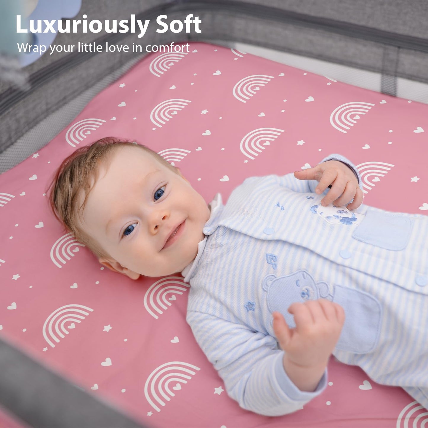 FIEMOL Next to Me Crib Sheets 85x51cm Fitted, 3 Pack Baby Cot Sheets, Ultra Soft & Silky Smooth Microfiber Bedside Crib Fitted Sheets Pink Rainbow
