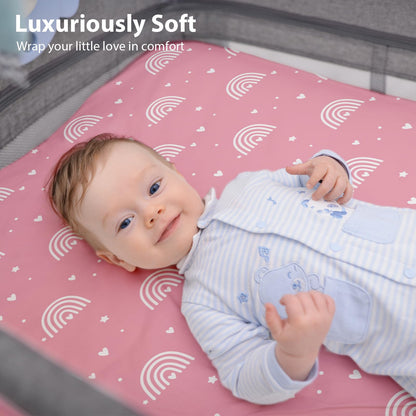 FIEMOL Next to Me Crib Sheets 85x51cm Fitted, 3 Pack Baby Cot Sheets, Ultra Soft & Silky Smooth Microfiber Bedside Crib Fitted Sheets Pink Rainbow