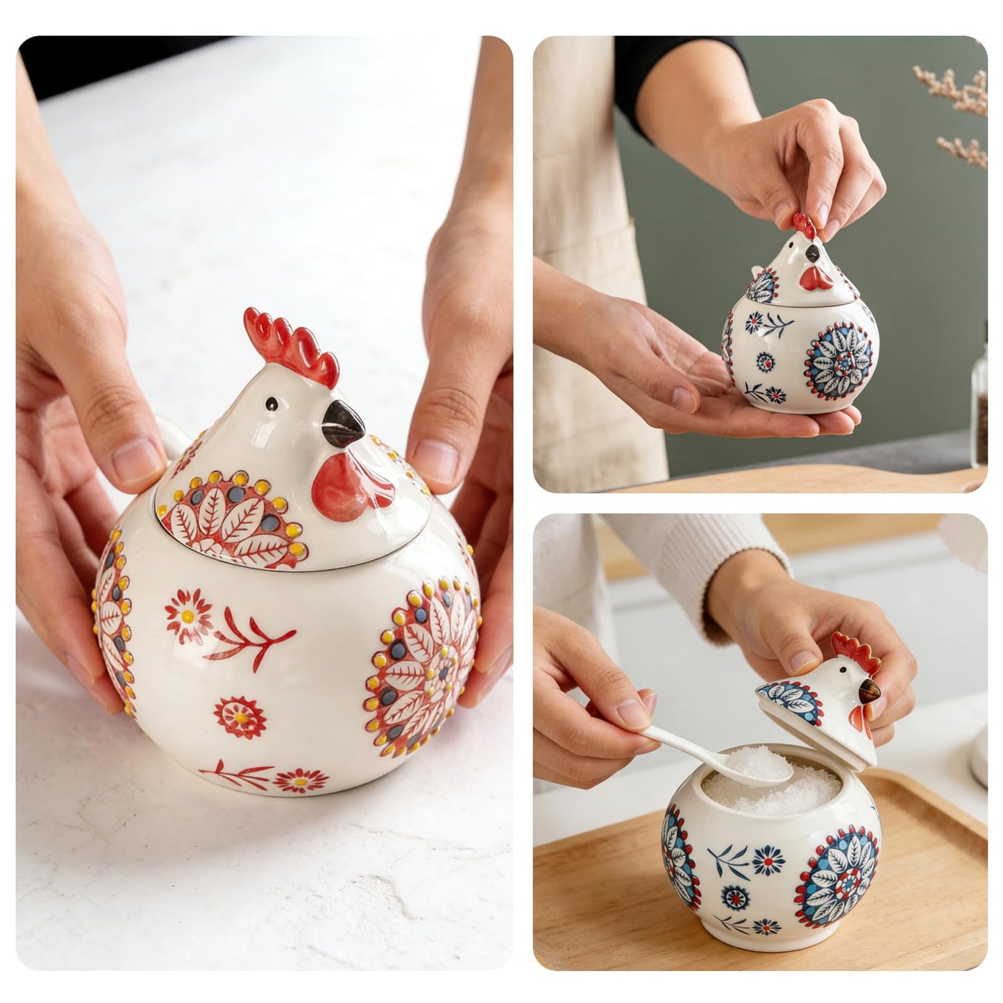 HPZIHYNAP 2 PCS,Ceramic Salt Cellar With Lid and Spoon,13-ounce Chicken Salt Shaker,Perfect for Kitchen Decor,Countertop Spice Rack (Red + Blue)