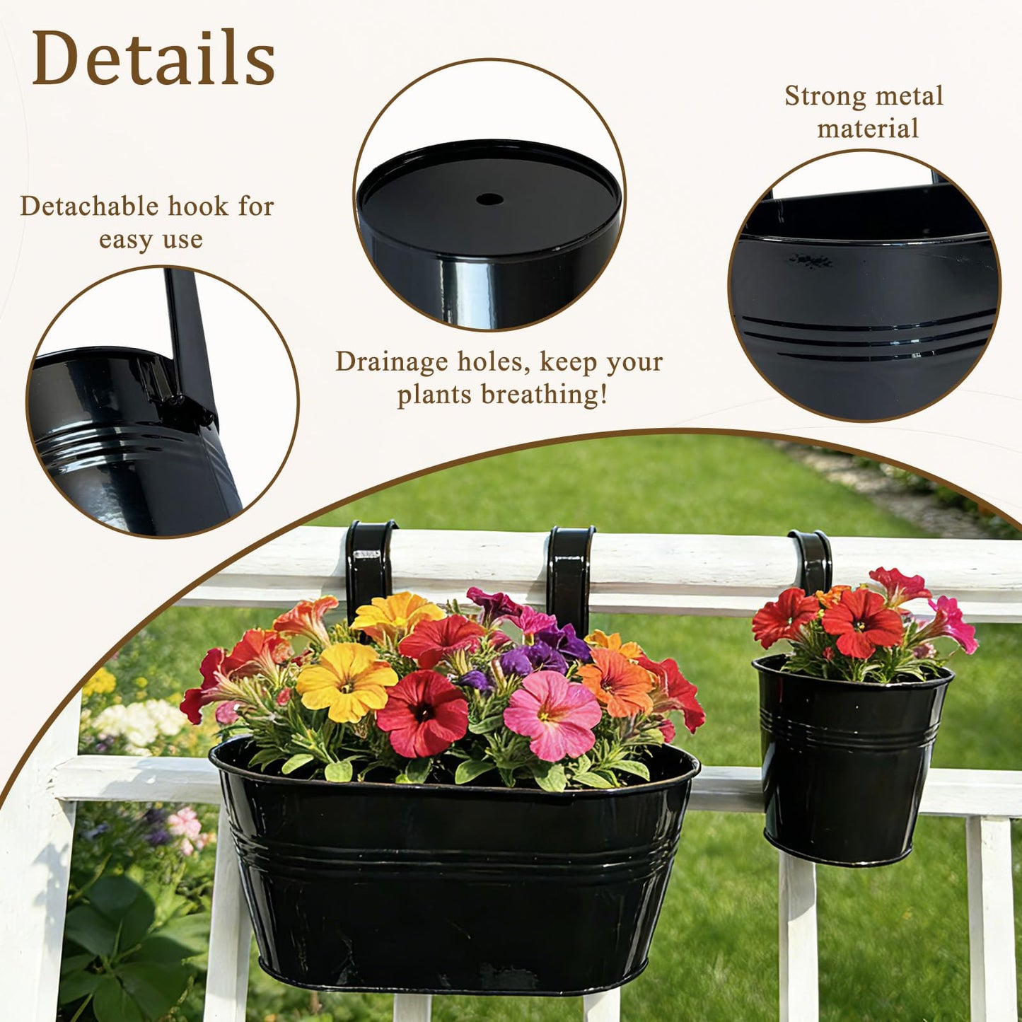 Joyfernal Set of 12 Balcony Hanging Planters, 4 Pcs 17" Metal Railing Flower Pots & 4 Pcs 12" Deck Planter & 4 Pcs 4" Fence Pot for Outdoor Patio Garden Décor, Black