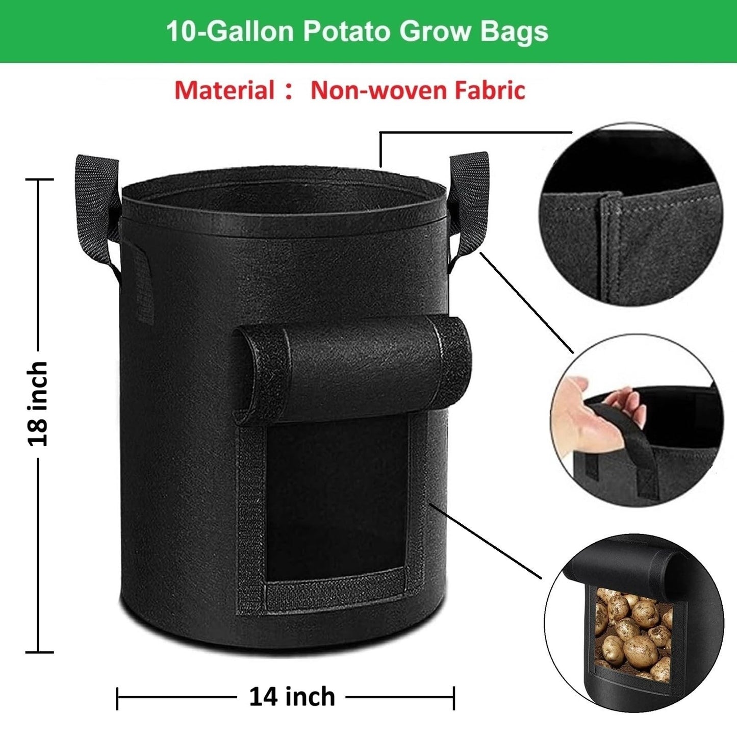 YOQXHY Potato Grow Bags,(5 Pack 10 Gallon) Garden Vegetables Growing Planter with Handles and Access Flap for Planting Potato Carrot Onion Taro Radish Peanut, (Black)