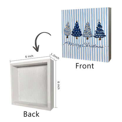 KEUSPI Navy Blue Merry Christmas Tree Wooden Box Sign, Christmas Tree Decor, Xmas Navy Blue Striped Winter Wood Box Block Sign for Home Office Desk Tabletop Shelf Decoration 5x5 Inch