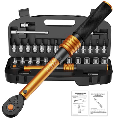 33PCS 1/4 Torque Wrench Set 3-25 Nm, Small Torque Wrench Bike, Dual-Direction 72 Teeth, ±3% Accuracy, with Extension Bar, Socket Bits (Hex & Torx & Philip), for Mountain Bike, Bicycle Repair