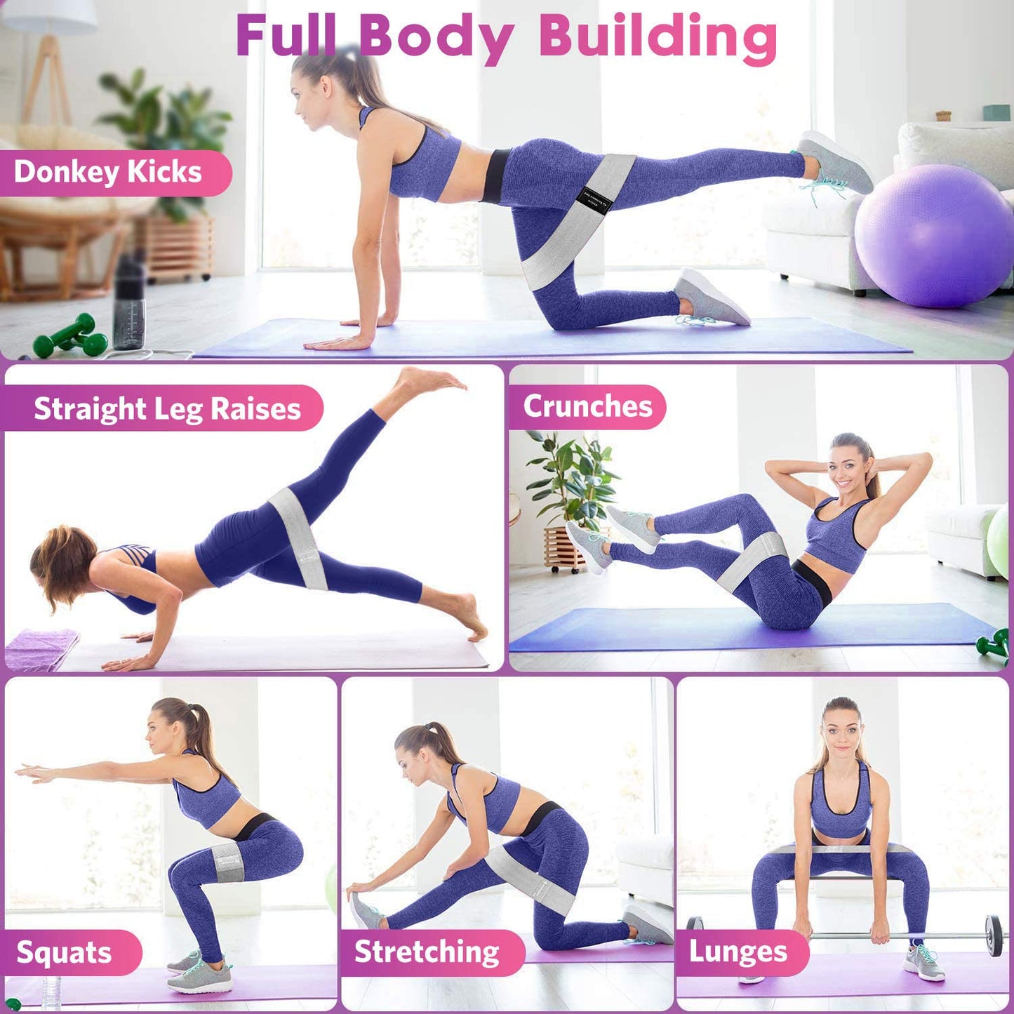 Renoj Resistance Bands, Exercise Workout Bands for Women and Men, 5 Set of Stretch Bands for Booty Legs, Pilates Flexbands