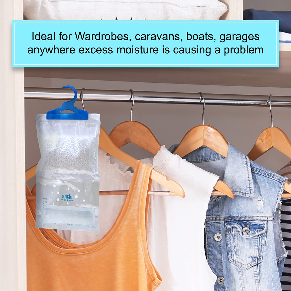 ANSIO Wardrobe Dehumidifier Hanging Bags Pack of 12 Moisture Absorbers, Trap, Condensation, Dehumidifiers for Damp, Mould, Bedroom, Caravan, Bathroom, Basement, Office – 210g Each