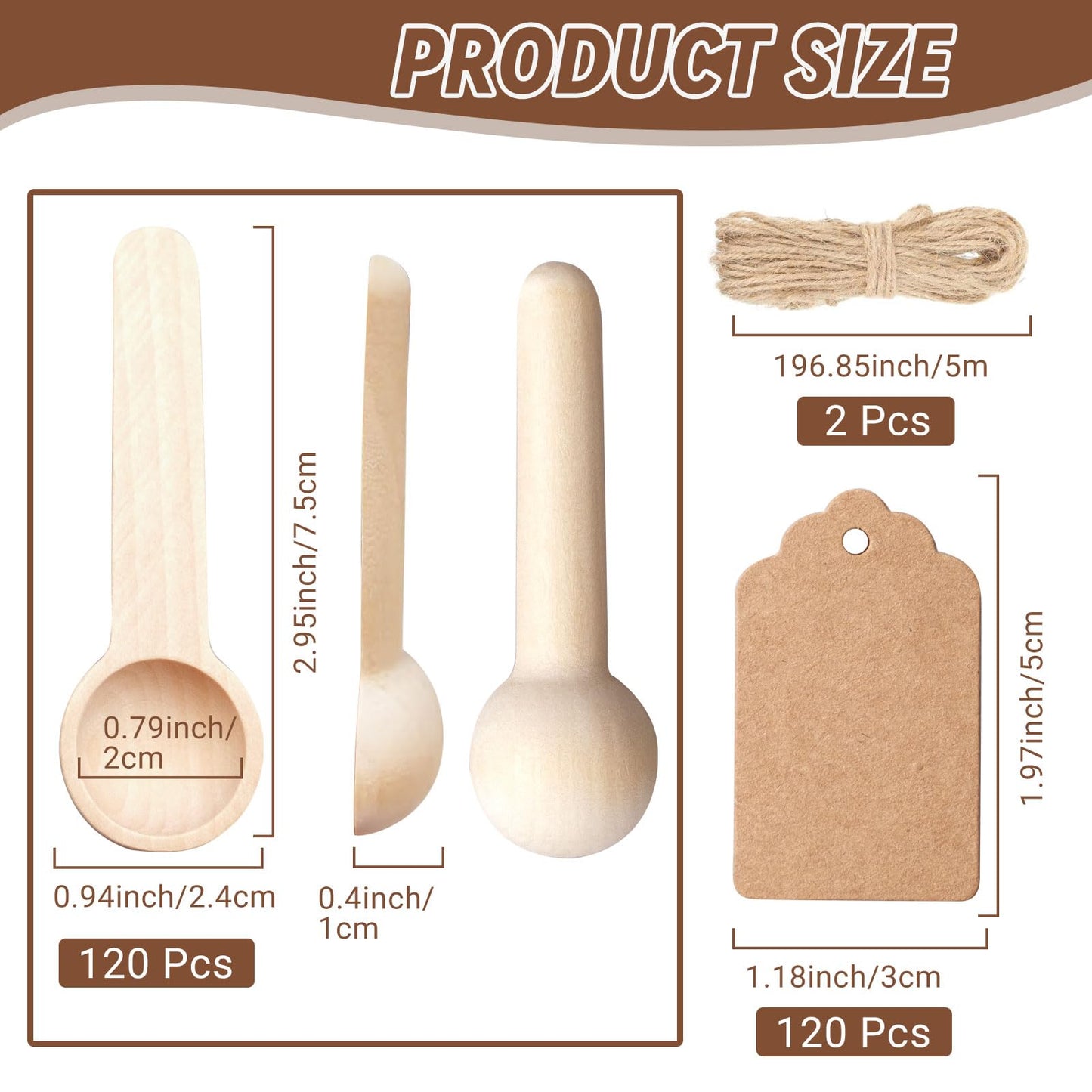120 Sets 3 Inch Mini Wooden Spoons with 120 Pcs Tags and 2 roll of Twine Rope Spice Jars Wood Spoons Disposable Small Spoons Wooden Spoons Honey Sugar Cooking Oil Tea Coffee Kitchen