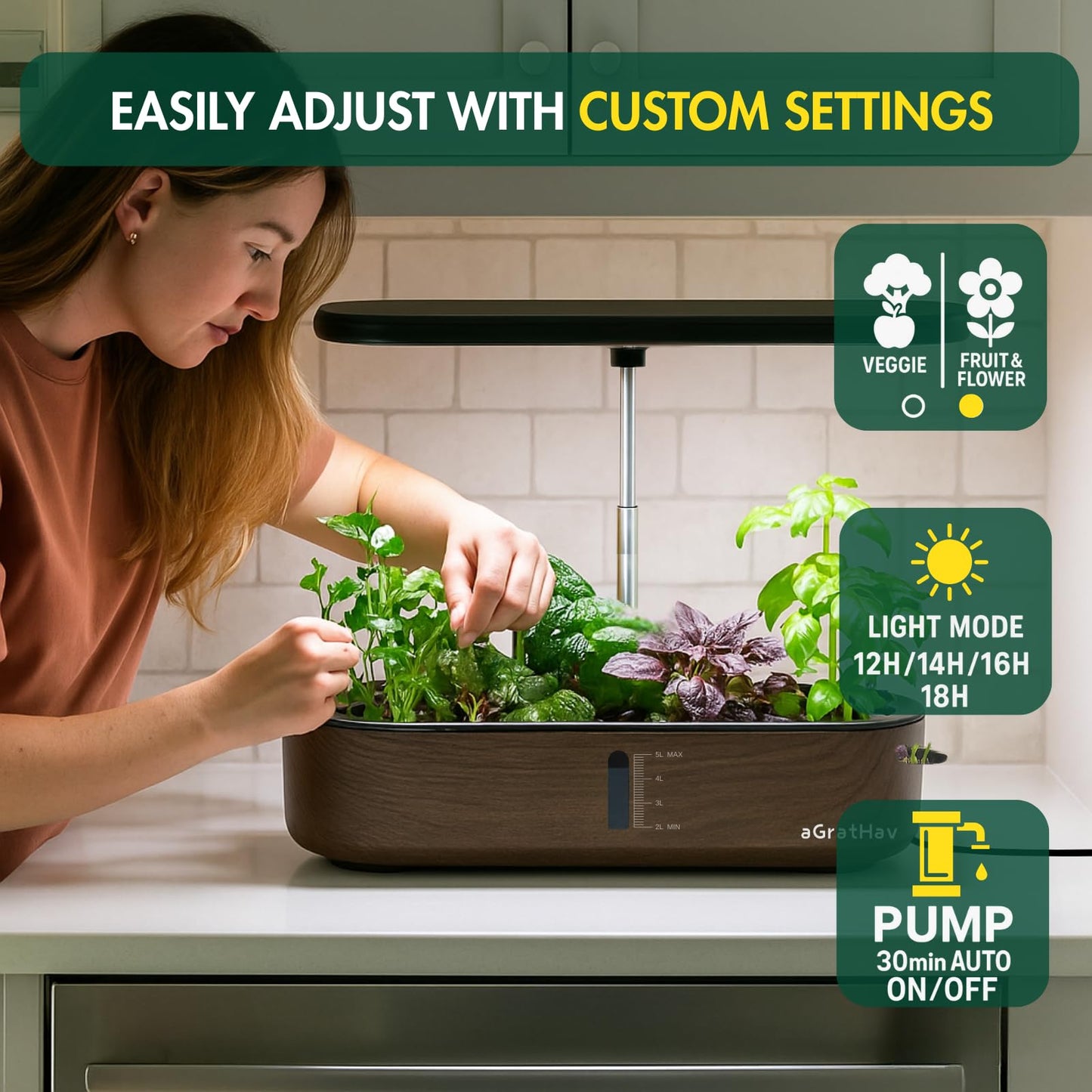 Hydroponics Growing System Kit, Indoor Herb Garden, 14 Pods Upgraded LCD Display, LED Grow Light Quiet Smart Water Pump Automatic Timer, Hydroponic Planter for Home Kitchen Office (Black)