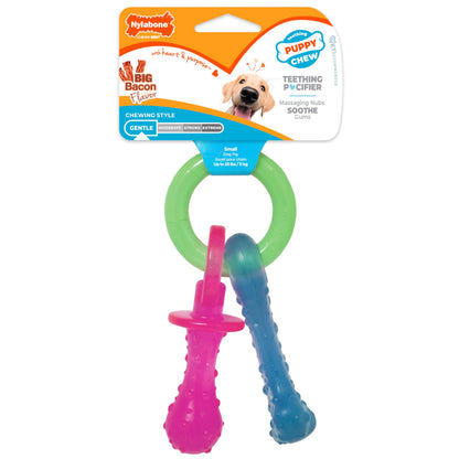 Nylabone Puppy Dog Teething Chew Toy Pacifier, Bacon Flavour, Extra Small, for Puppies Up to 7 kg, Blue/Pink