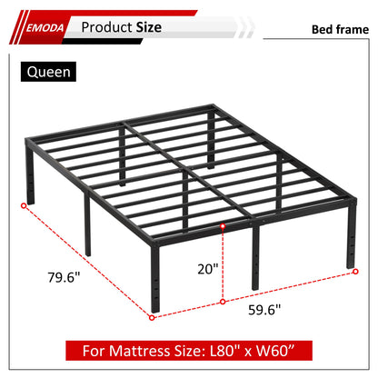 EMODA 20 Inch Queen Bed Frame No Box Spring Needed Heavy Duty Metal Tall Platform Bed Frame Queen Size with Large Storage Space, Easy Assembly, Black