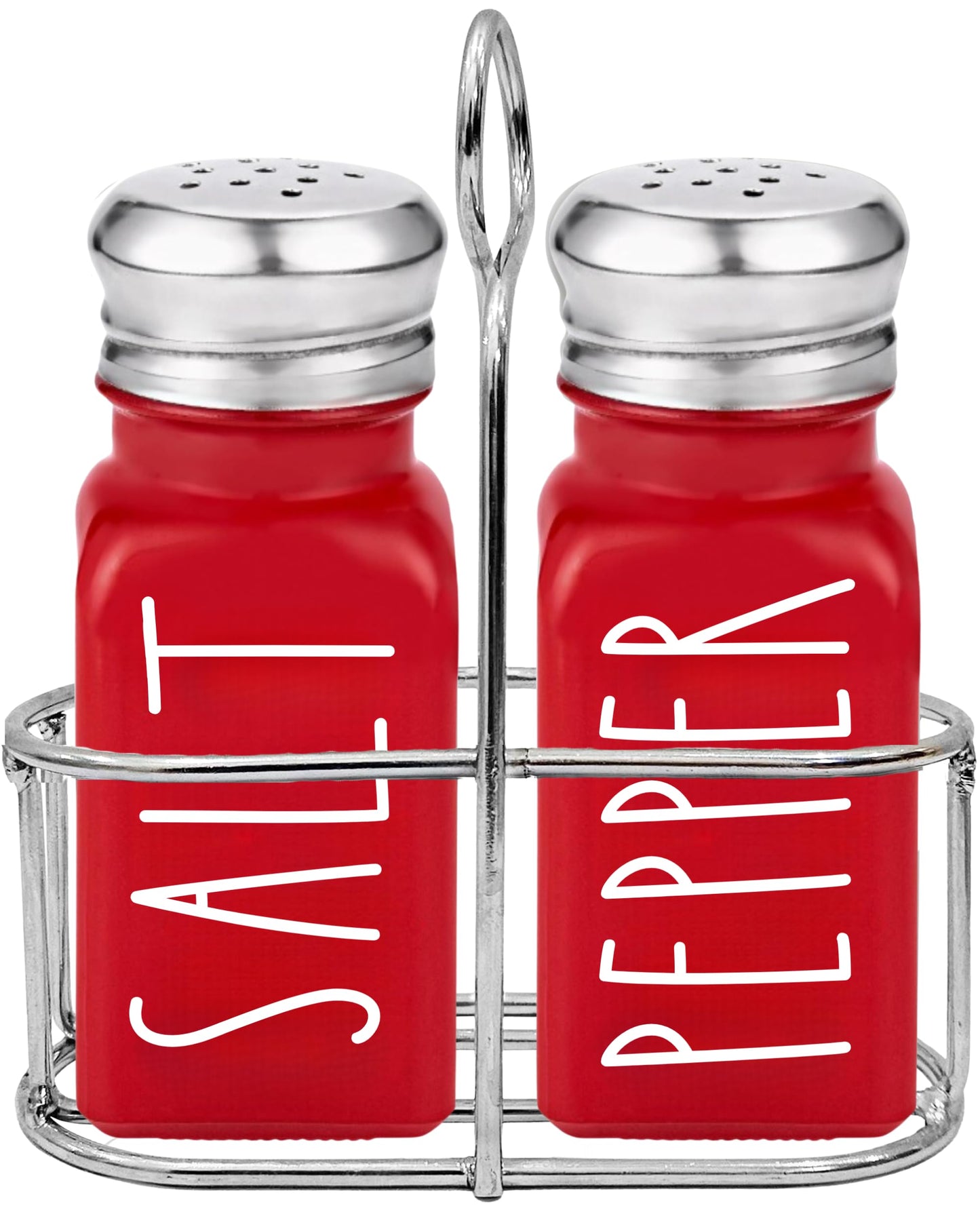 Red Salt and Pepper Shakers Set with Holder by Brighter Barns - Dining Table Decor, Modern Farmhouse Kitchen Decor - Christmas Salt and Pepper Shakers with Caddy for Restaurant, RV, Airbnb, Gift (Red)