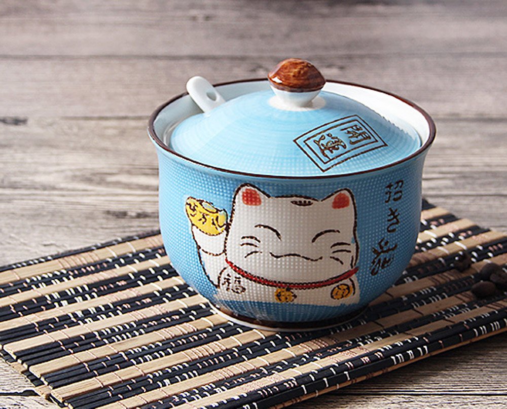 Ceramics Japanese Maneki Neko Lucky Cat Sugar Salt Pepper Storage Jar with Lid And Spoon