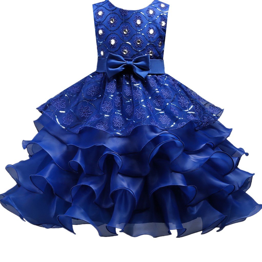 DreamHigh Wedding Flower Girl's Ruffles Lace Cute Bow Waist Evening Dress up Royal Blue 7-8 Years