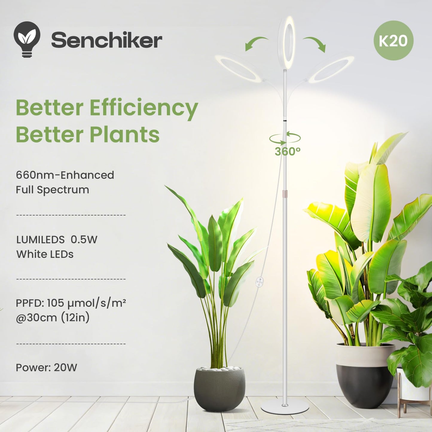 Large Plant Lights for Indoor Growing 24V, 660nm-Enhanced Full Spectrum, LUMILEDS LED Grow Light, 8.1in Grow lamp with Timer & Dimming, Adjustable Height 22-70in, 20W, K20-W