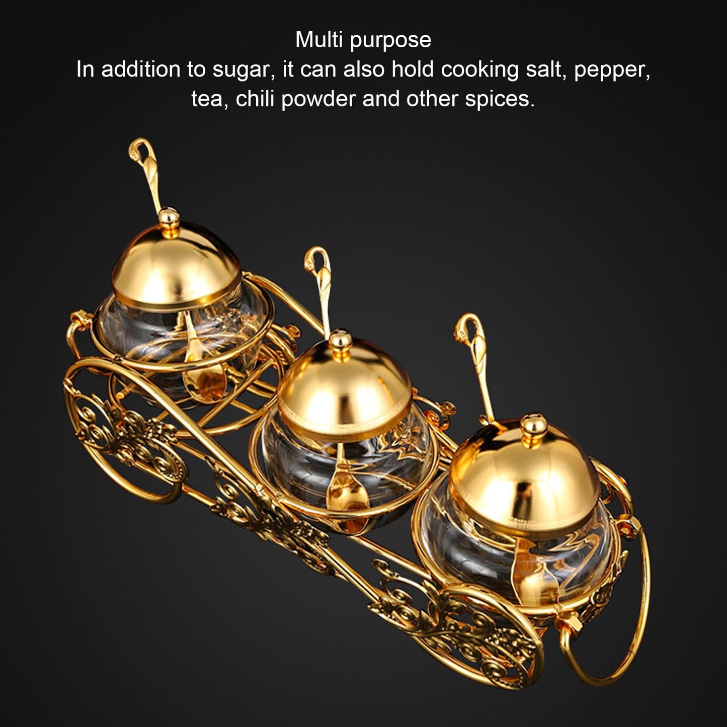 Sugar Bowl with Lid and Spoon, 3 Piece Set European Gold Sugar Container Jar for Kitchen Coffee Bar and Wedding Party, Polished Glass Seasoning Jar Condiment Pot for