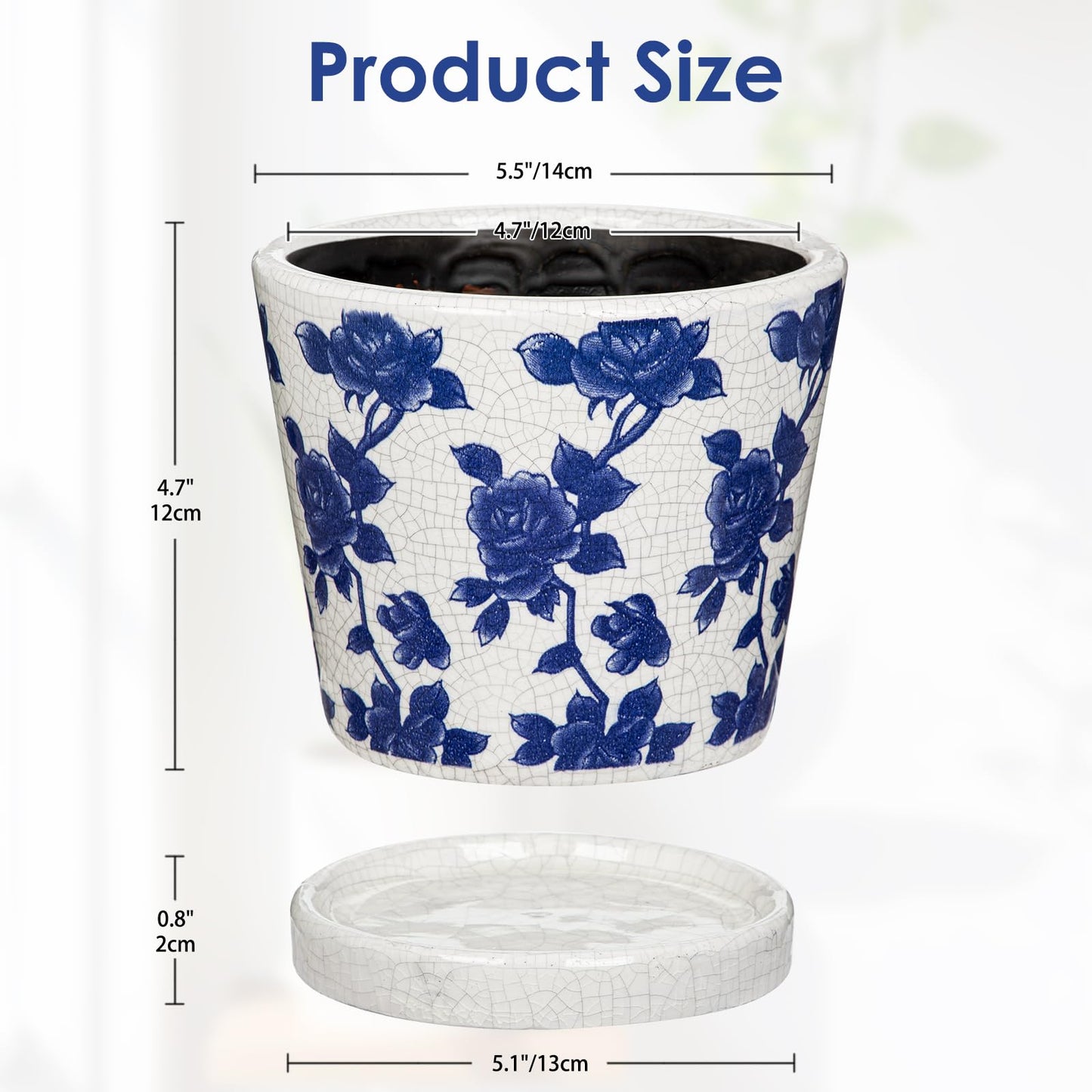 Ceramic Pot for Indoor Plants - 5.5 inch Flower Pot for Plants with Drainage Holes and Saucer Ice Crack Diamond Rose Flower Pattern Ceramic Planter for Outdoor Indoor Herb Snake Plant (Blue & White)