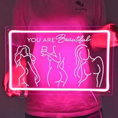 Britrio Lady Back Neon Sign Pink Neon Wall Art Decor You Are Beautiful LED Night Light for Girl Bedroom Man Cave Home Bar Pub Store Home Party Decor Women Birthday Gifts 15.75 IN
