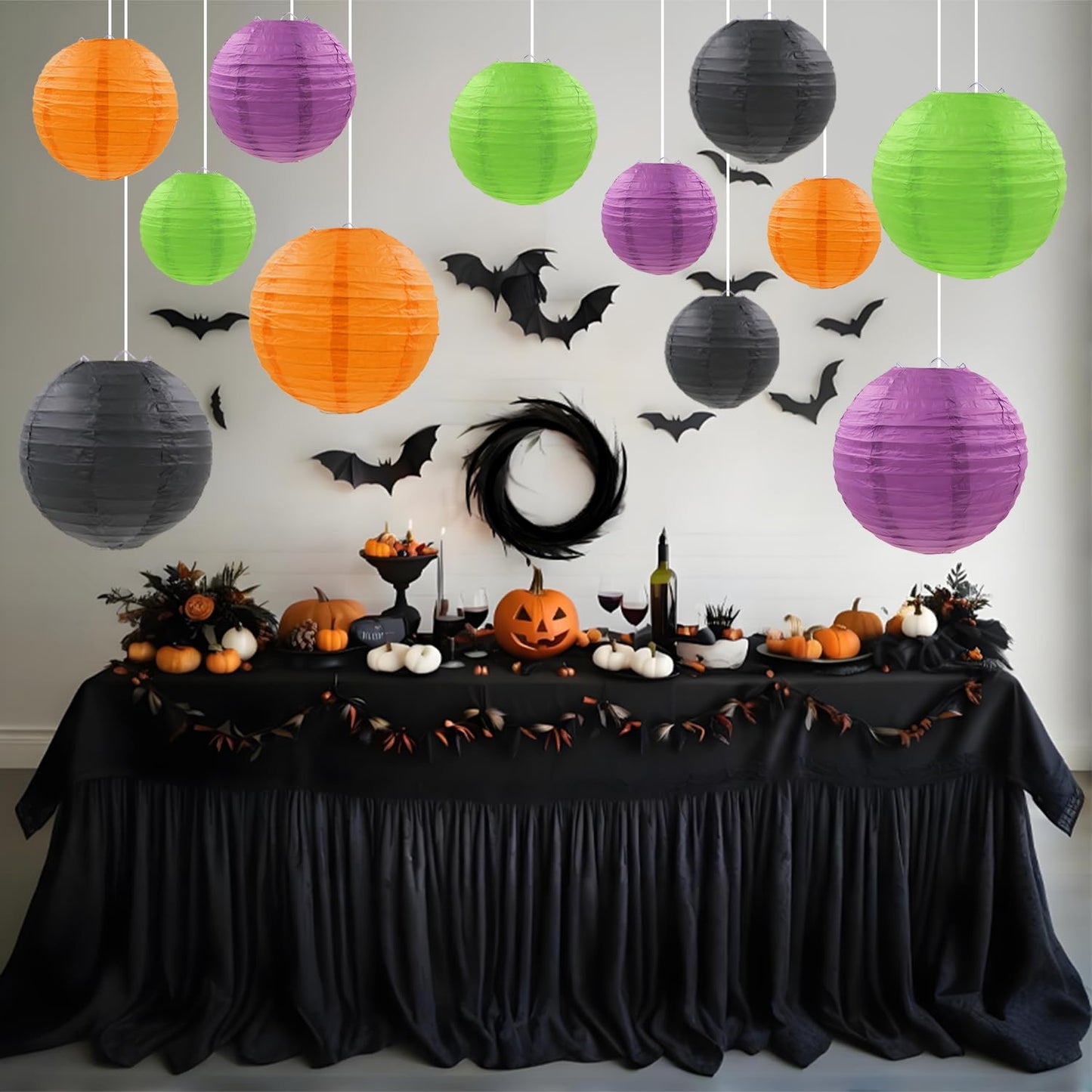 FUGUIR Halloween Paper Lanterns Black Purple Orange Green Halloween Party Decorations for Birthday Baby Shower Bachelorette Wedding Bathroom Hanging Supplies (12 PCS)