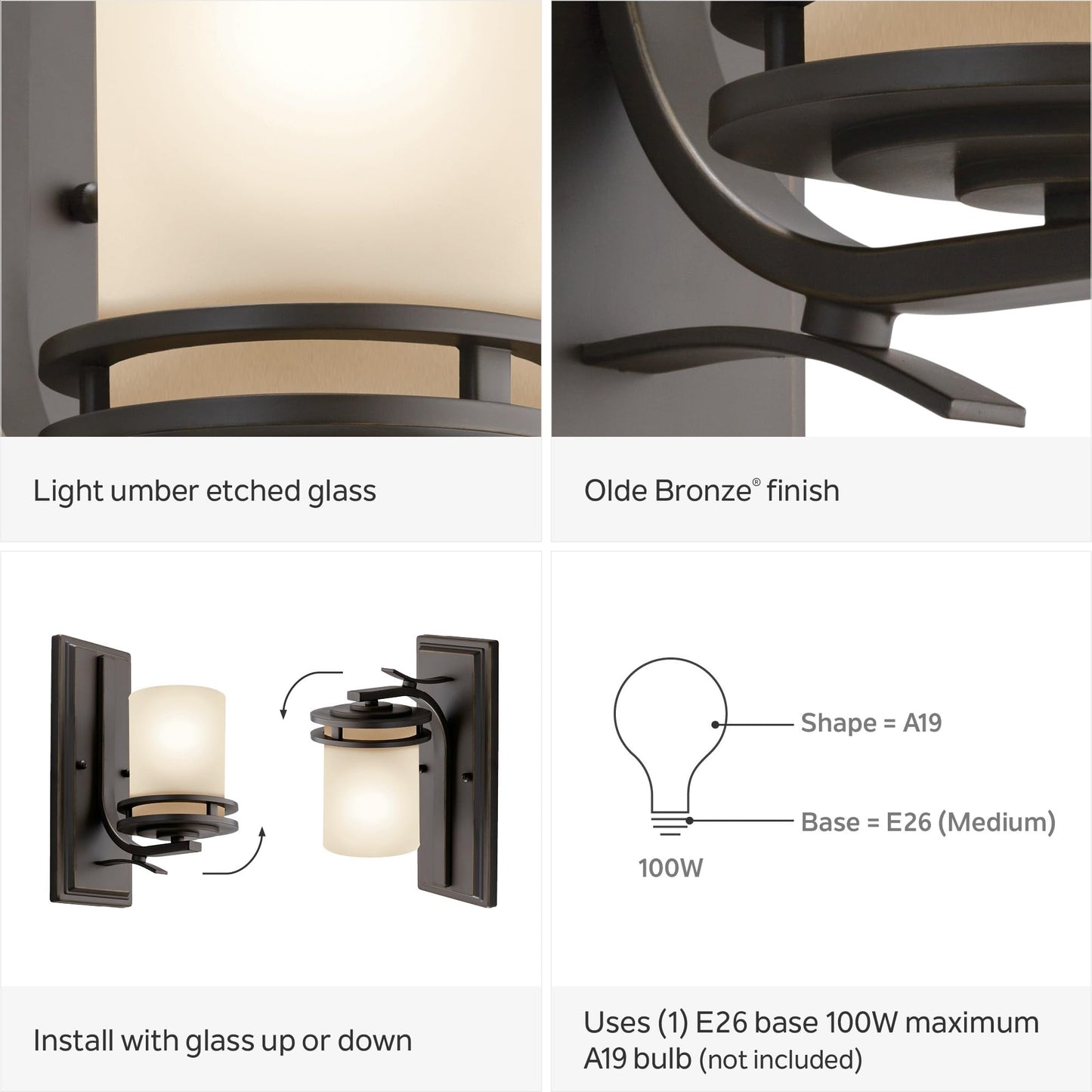 Kichler Hendrik 12” Wall Light Fixture in Olde Bronze with Umber Etched Glass, 1-Light Wall Lamp for Bedroom or Living Room, 5076OZ