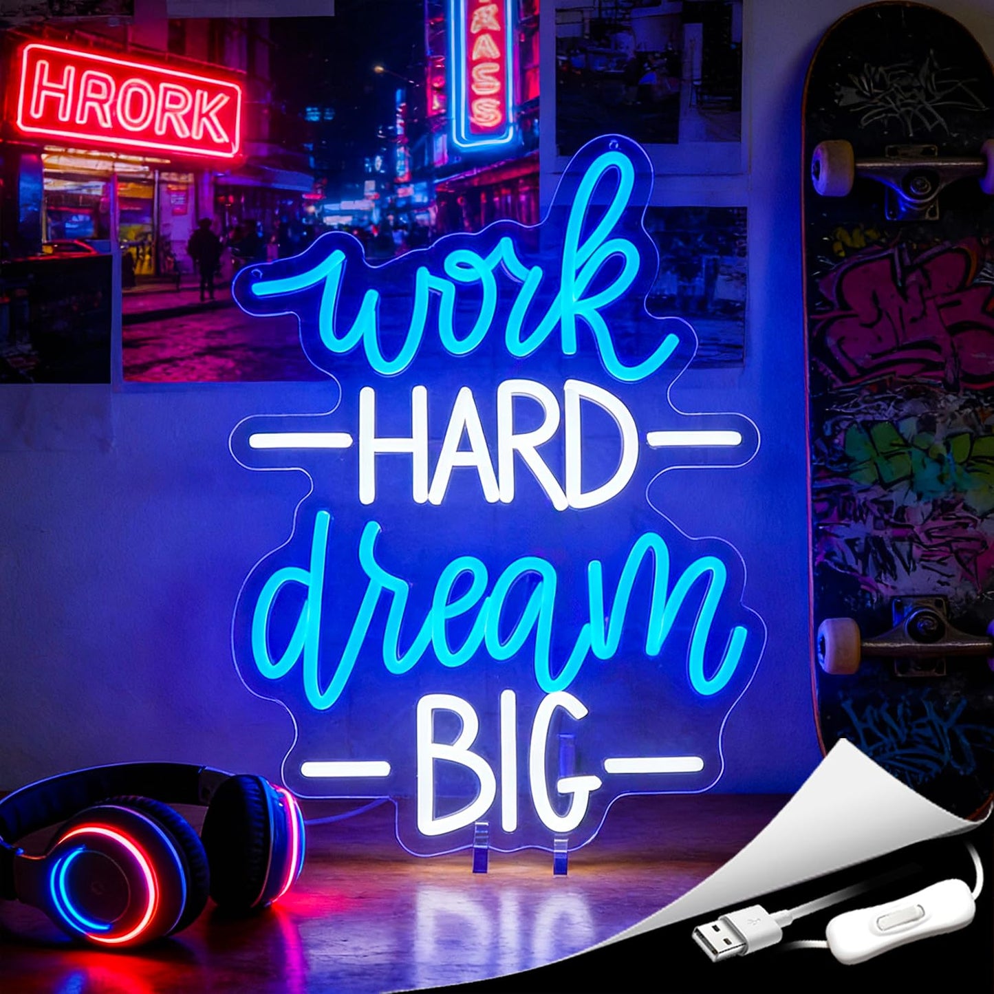 Whfobfe Blue&White Neon Sign Led Neon Lights Signs for Wall Decor USB Powered Led Signs for Room Decoration-Work Hard Dream Big
