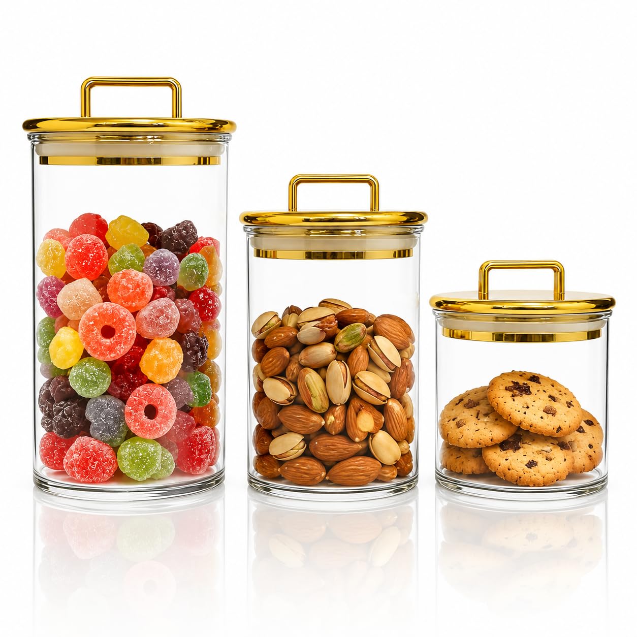 3-Pack Clear Acrylic Apothecary Jars with Gold Lids, Gold Candy Jar for Coffee Bar, Bathroom Vanity Canisters for Q-Tips, Cotton Balls & Small Treats
