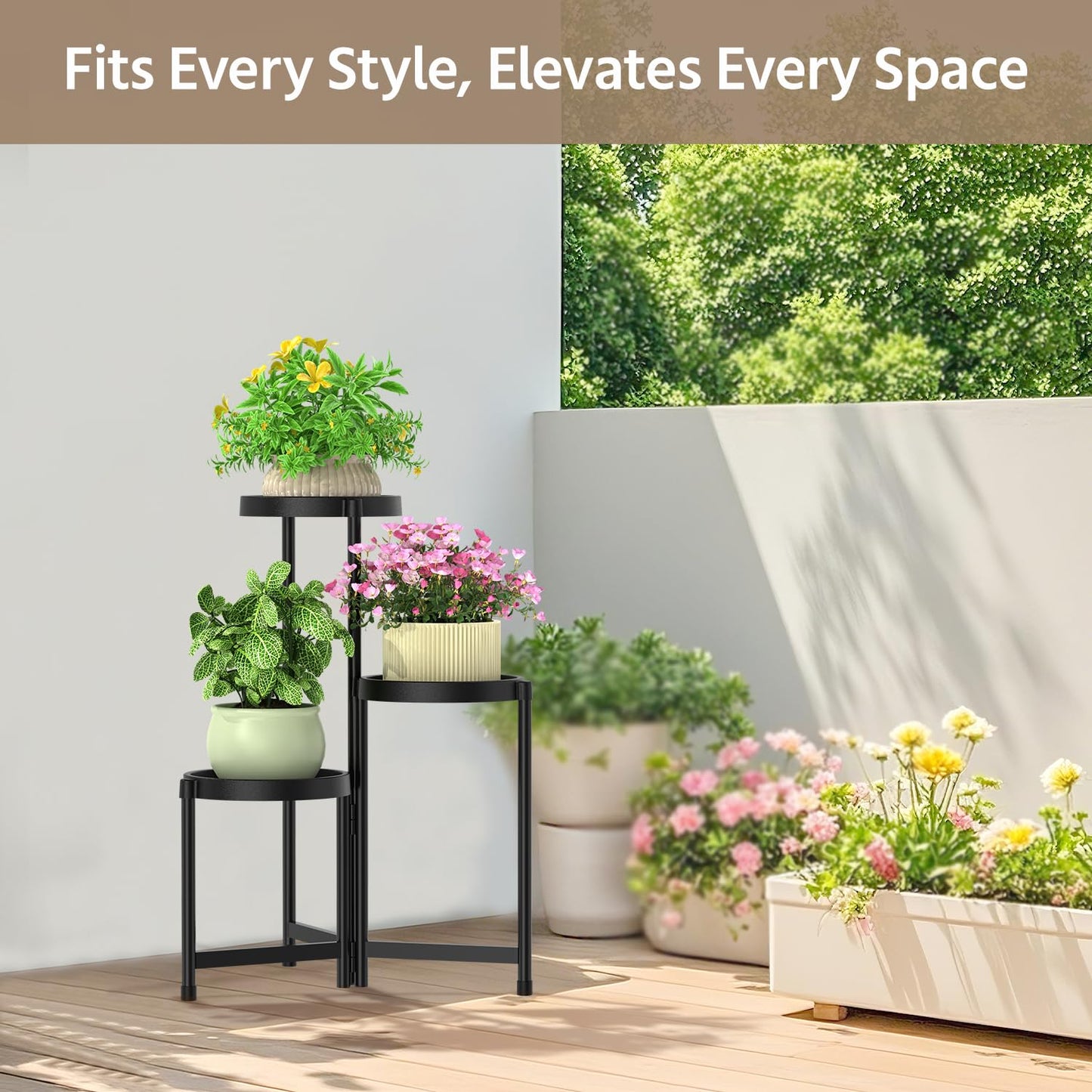 LASZOLA 3 Tiered Plant Stand Indoor Outdoor with Plastic Tray, Corner Folding Tall Flower Display Rack, Modern Plant Holder Shelf for Outdoor Patio Porch Garden Office Living Room, Black