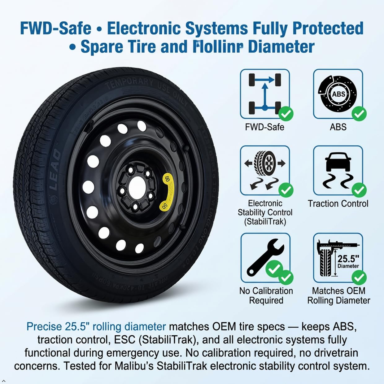 Spare Tire Kit Compatible with 2016-2025 Chevrolet Malibu | 135/70R18 Compact Donut Spare | Complete Roadside Kit Includes Scissor Jack, Lug Wrench & Storage Bag – Fits Under Trunk Floor