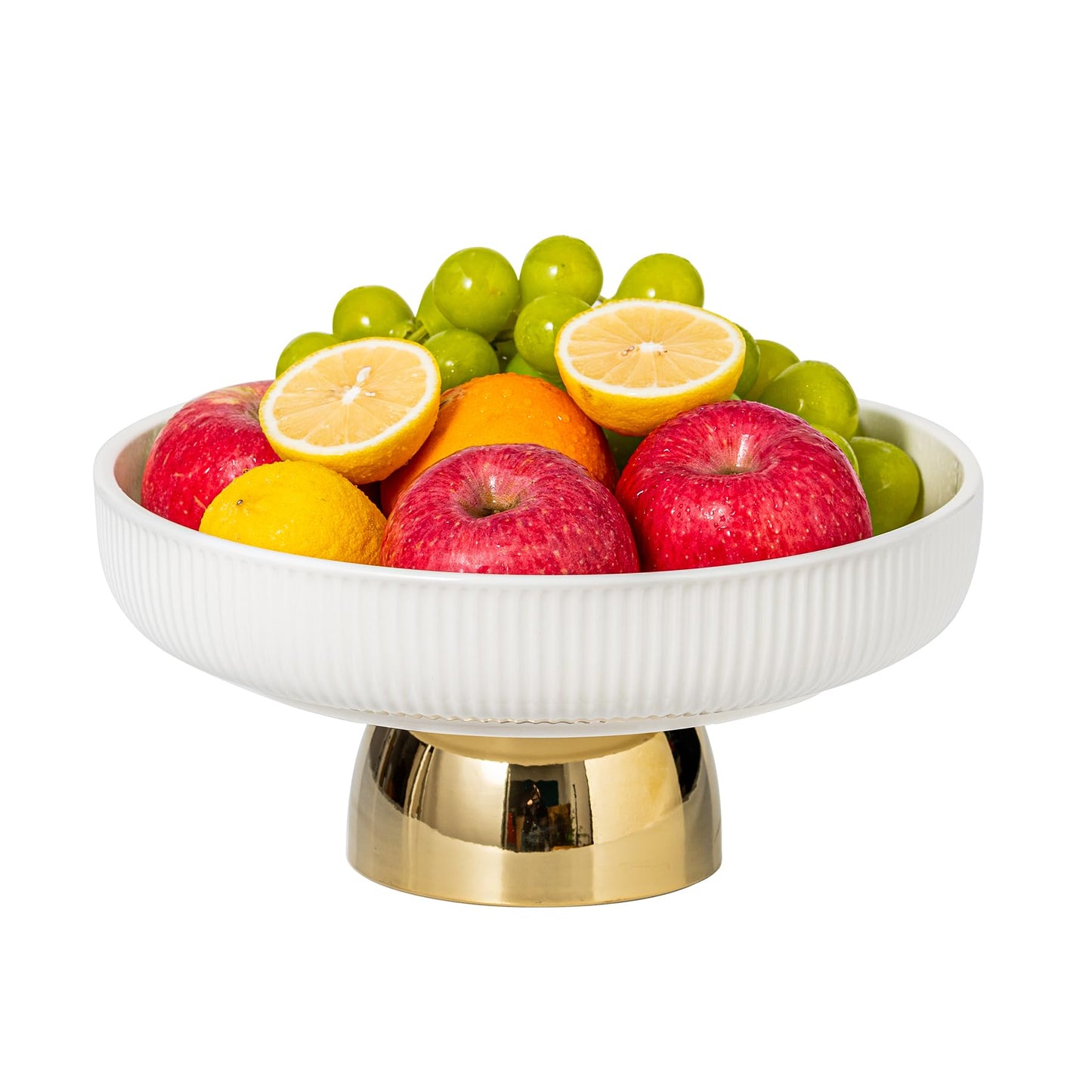 CCATSIX Ceramic Fruit Bowl,11-Inch Large Decorative Bowls,White Pedestal Tray and Gold Base, Fruit Bowl for Kitchen Counter, Bread and Fruit Trays,Salad or Dessert Display Trays for Parties. (XL)