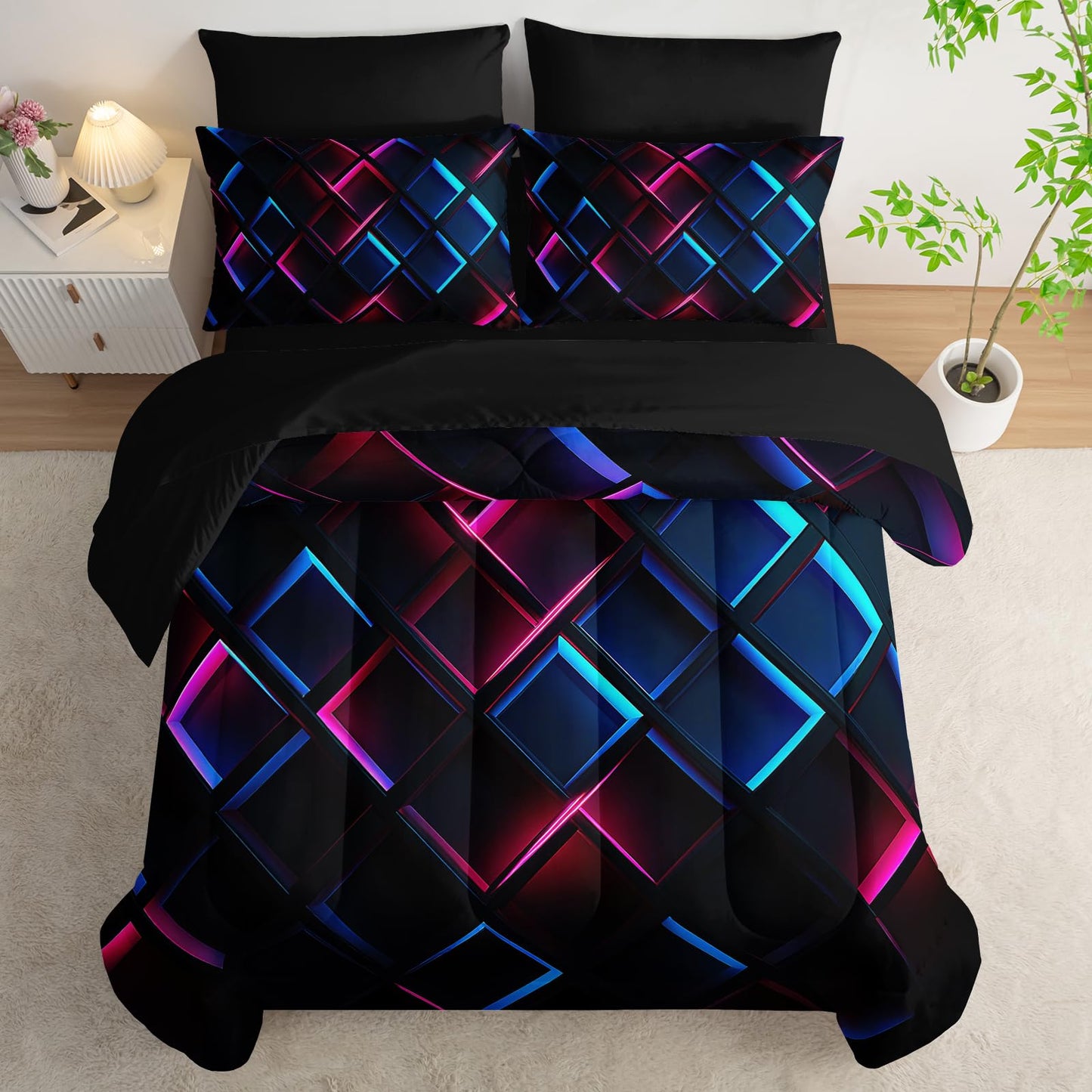 Nttopship Blue Black Geometric Comforter Set Full Size 3D Stereoscopic Square Bedding Set Honeycomb Bedding Set 7 Pieces Modern Style Geometry Decor with Pillowcases,Flat, Fitted Sheet